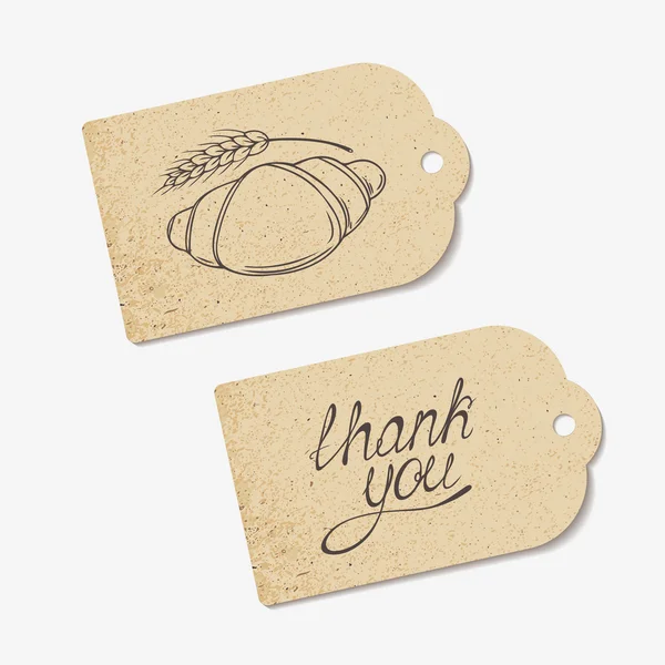 Craft paper tags with THANK YOU hand lettering and sketched croissant — Stok Vektör