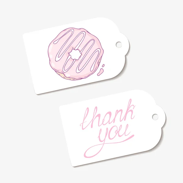 White paper tags in vector. THANK YOU hand drawn lettering sign. Illustration ofsketched donut. Design for cafe, coffee and pastry shop, bakery — Stockový vektor