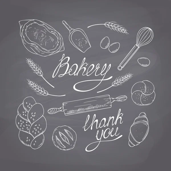Bakery sketched objects. Hand drawn groceries goods collection. Chalk style vector illustration. Chalkboard food background