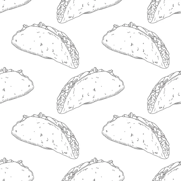 Seamless pattern with hand drawn taco. Background for fast food restaurant, eatery, diner or take away bag design — ストックベクタ