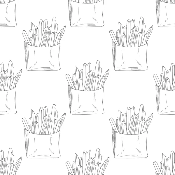 Seamless pattern with hand drawn french fries. Sketched fast food — 스톡 벡터