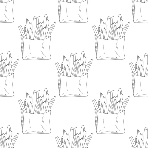 Seamless pattern with hand drawn french fries. Sketched fast food