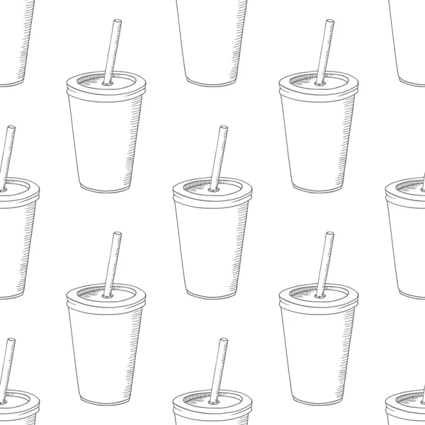 Nahtloses Muster mit einer von Hand gezogenen Tasse Milchshake. Hintergrund für Café, Restaurant, Lokal, Diner, Website oder Design von Taschen und Getränken zum Mitnehmen — Stockvektor