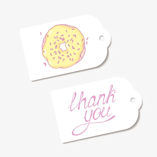 Des étiquettes en papier blanc. MERCI signe de lettrage dessiné à la main et esquissé beignet banane — Image vectorielle