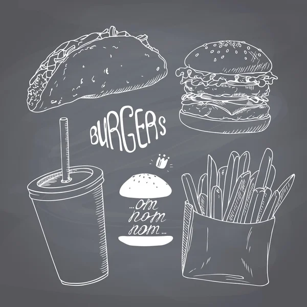 Estilo giz esboçado fast food conjunto com hambúrguer, batatas fritas, taco e xícara de papel de batido de leite. Chalkboard fundo —  Vetores de Stock