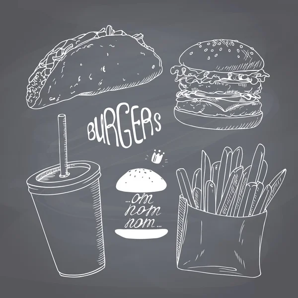Sketched chalk style fast food set with burger, french fries, taco and paper cup of milk shake. Chalkboard background