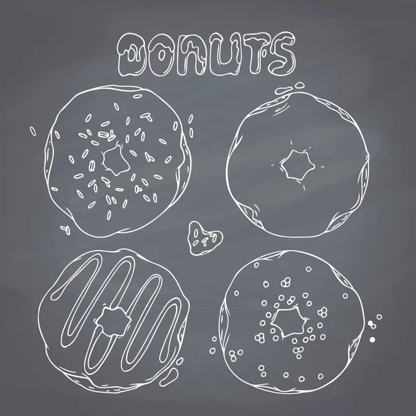 Set of hand drawn donuts isolated in vector. Sweet lettering. Chalkboard background — Stockvector