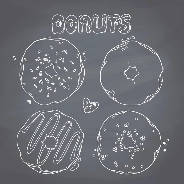 Conjunto de rosquillas dibujadas a mano aisladas en vector. Dulce letra. Fondo pizarra — Vector de stock