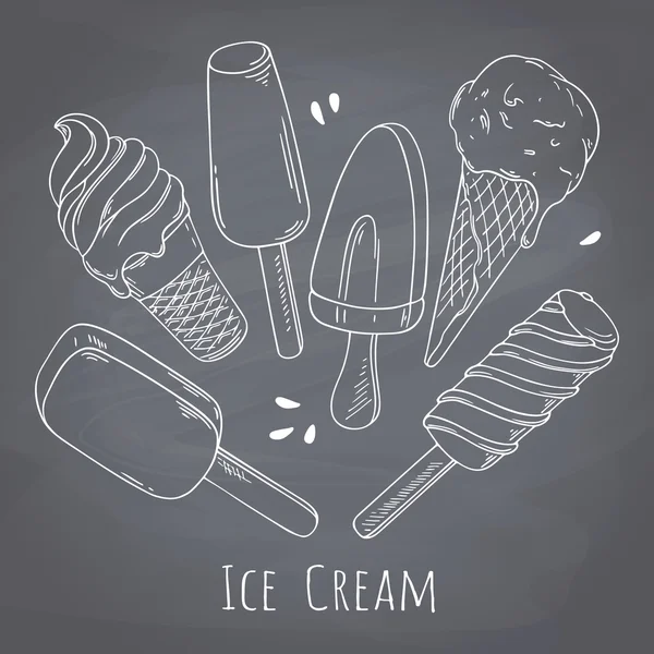 Set of hand drawn different ice cream. Food design for cafe menu on chalkboard . Chalk style background — 图库矢量图片