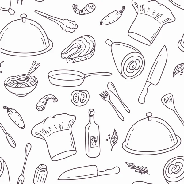 Esquema de patrón sin costura con alimentos dibujados a mano. Fondo en blanco y negro para diseño de cafetería o cocina — Archivo Imágenes Vectoriales