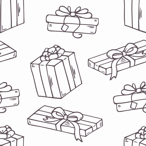 Boîte cadeau dessinée à la main motif sans couture en noir et blanc — Image vectorielle