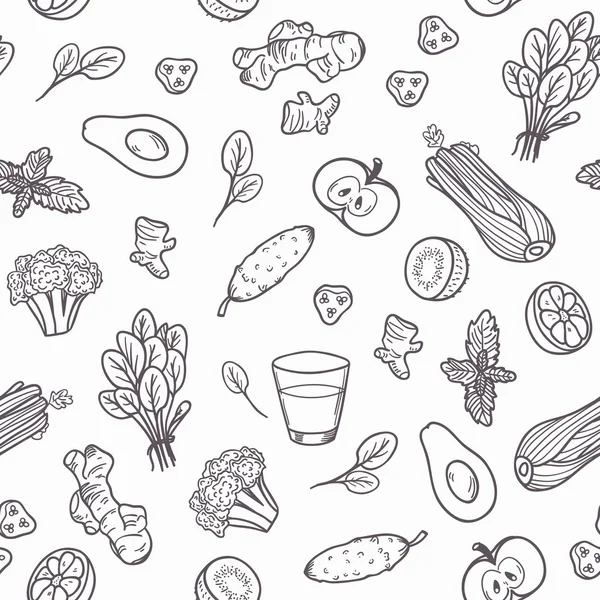 Dibujado a mano delinear verduras patrón sin costura en el vector. Fondo de alimentación saludable en blanco y negro — Archivo Imágenes Vectoriales