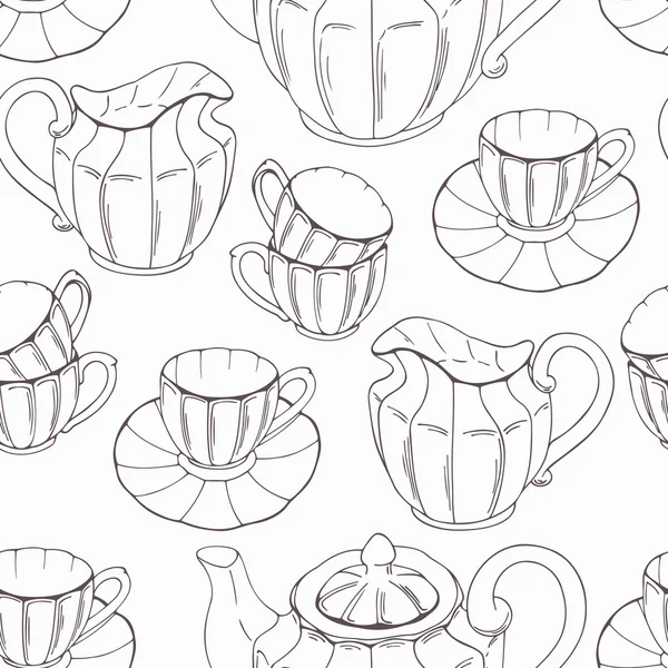 Seamless pattern with outline style tea service and leaves — Διανυσματικό Αρχείο