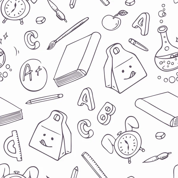Back to school doodle objects. Hand drawn school supplies seamless pattern. Background in black and white.