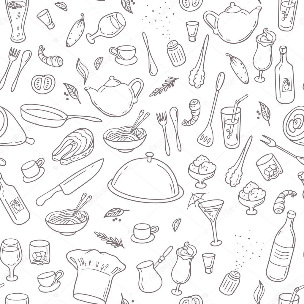 Food and drink outline seamless pattern. Hand drawn kitchen background