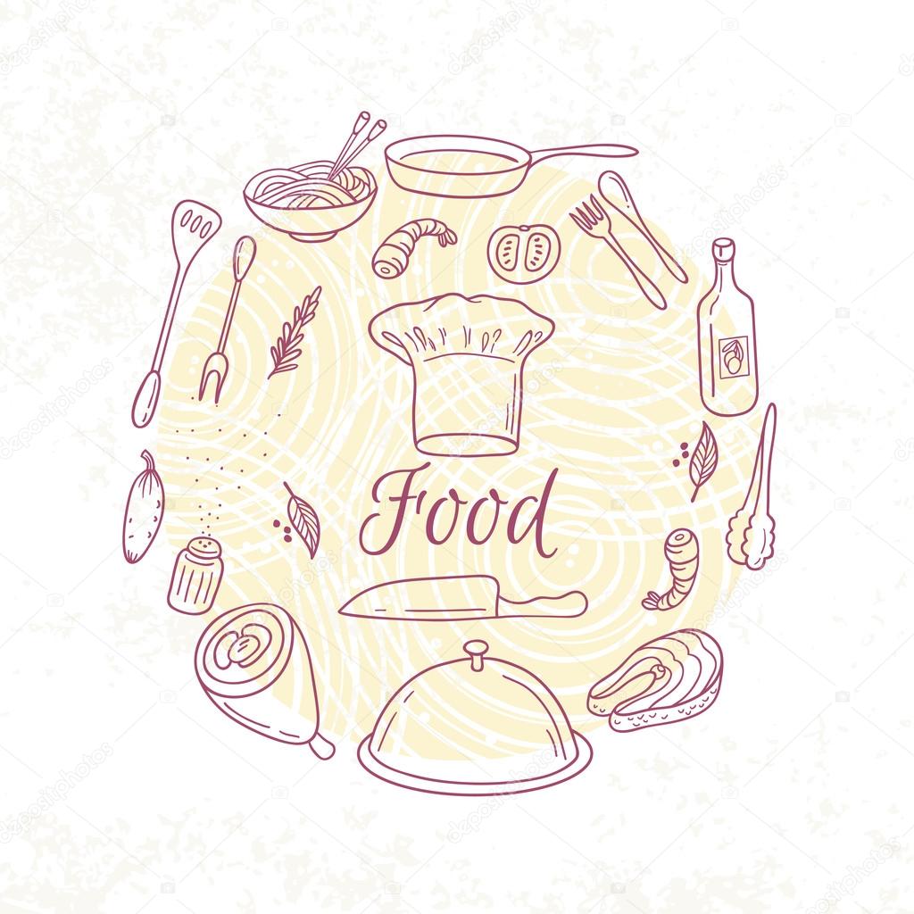 Round card with outline food icons. Doodle elements for menu design, cafe, books. Culinary background