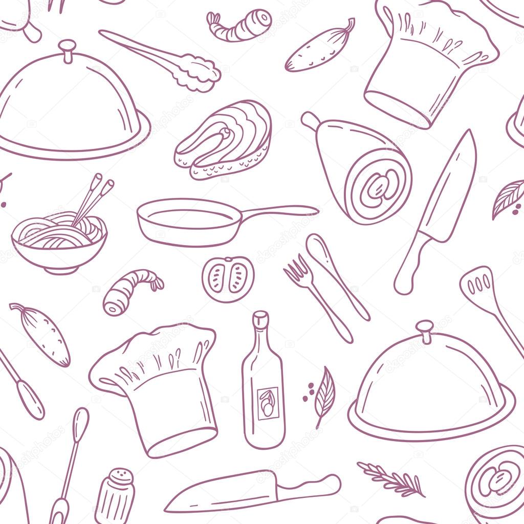 Outline seamless pattern with hand drawn food. Background for cafe or kitchen design