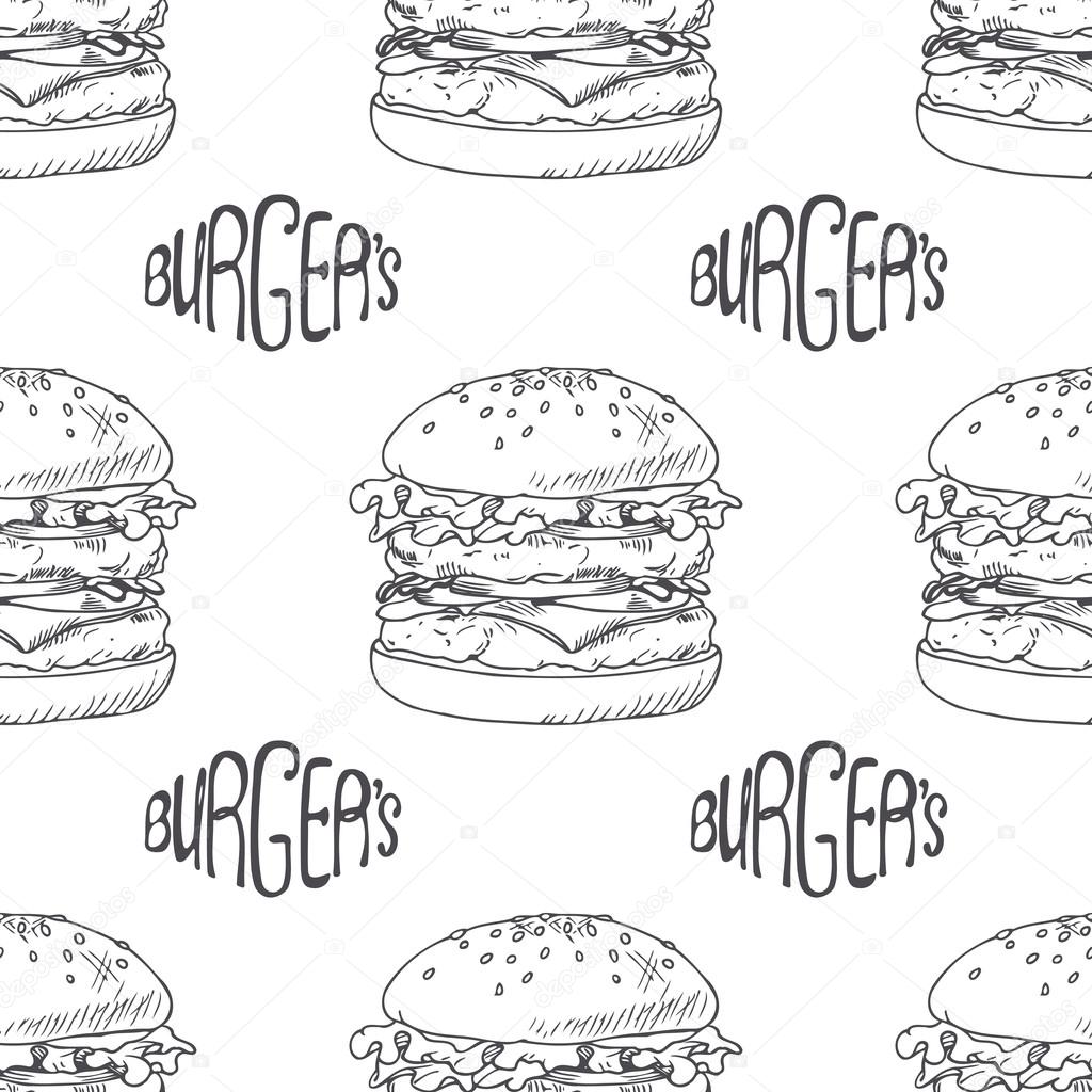 Seamless pattern with hand drawn burger, cheeseburger or hamburger. Wrapping paper
