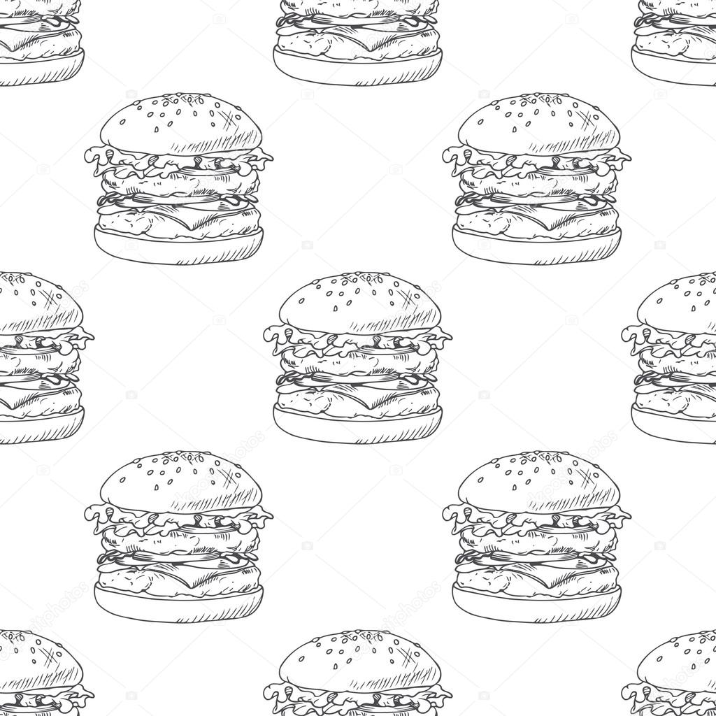 Seamless pattern with sketched burger, cheeseburger or hamburger. Background for fast food restaurant design