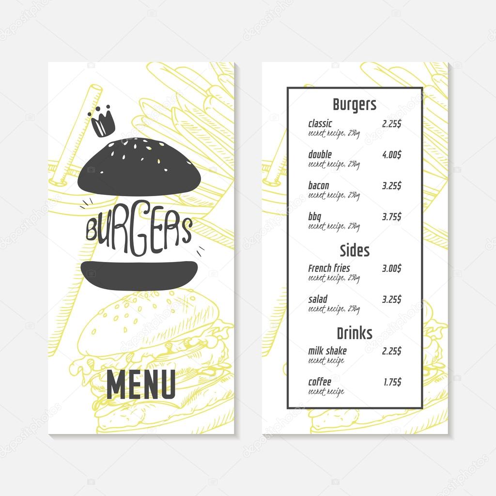Menu template with sketched fast food elements. Hand drawn background. Vector illustration