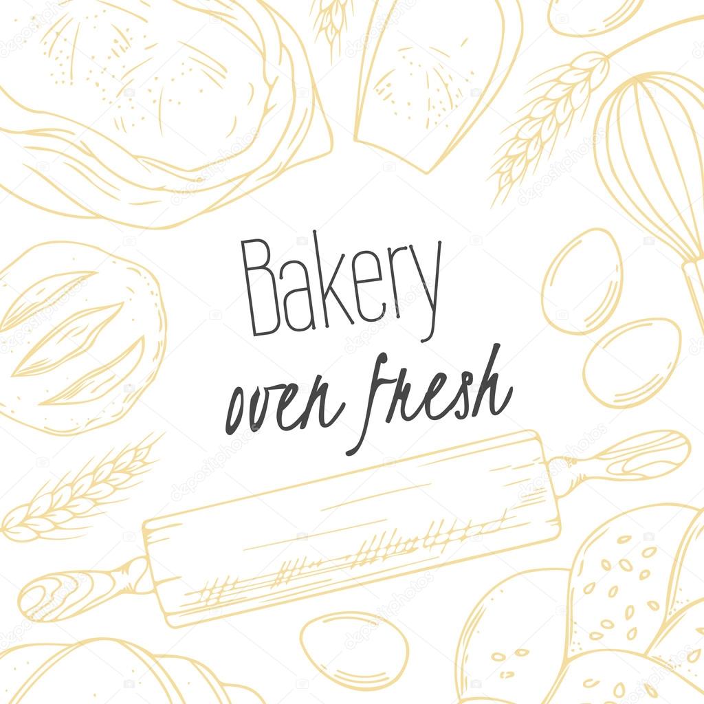 Bakery sketched illustrations in vector. Background with hand drawn groceries goods