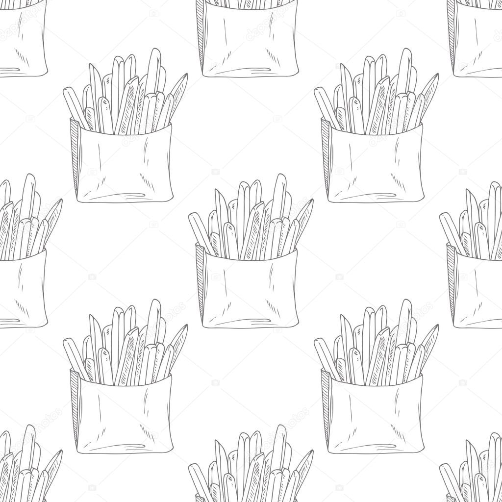 Seamless pattern with hand drawn french fries. Sketched fast food