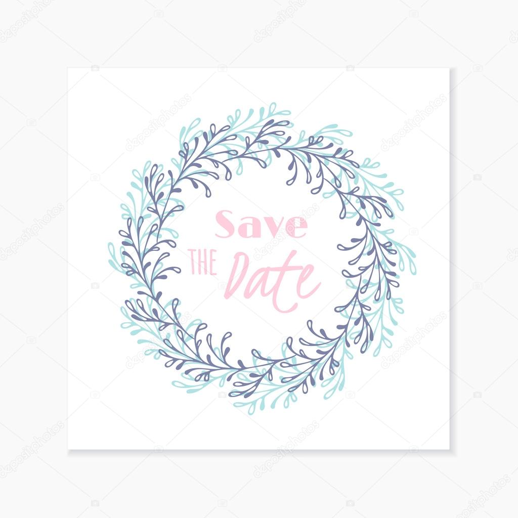 Wedding invitation card with hand drawn floral wreath. Doodle background