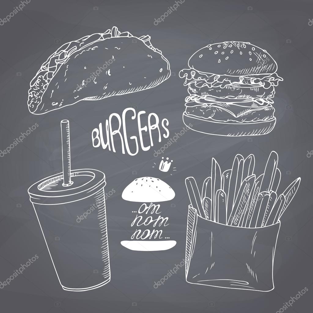 Sketched fast food set with burger, french fries, taco and paper cup of milk shake. Design for cafe, restaurants, diner menu. Chalk style vector illustration. Chalkboard background