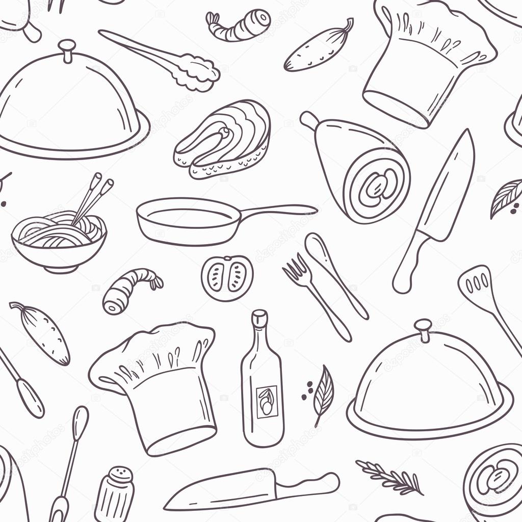 Outline seamless pattern with hand drawn food. Background in black and white for cafe or kitchen design