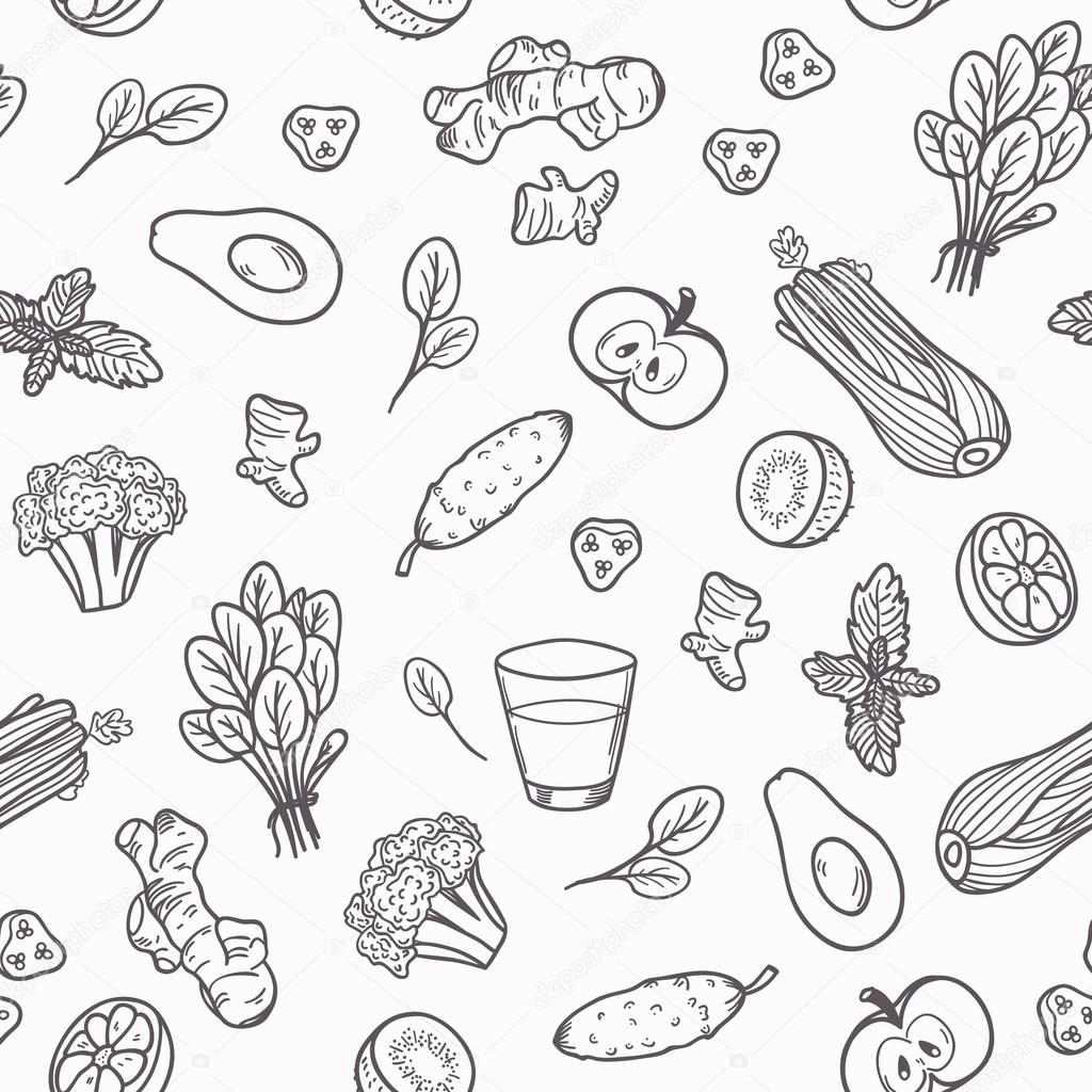 Hand drawn outline vegetables seamless pattern in vector.  Healthy eating background in black and white