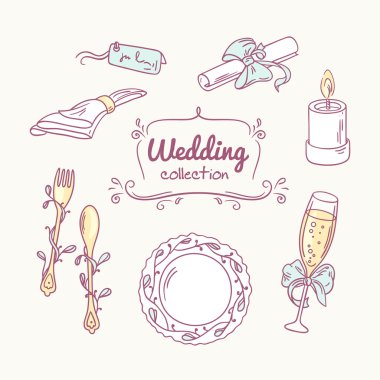 Düğün masa dekorasyonu doodle tarzı. El kutlama küçük resim çekilmiş. Vektör çizim