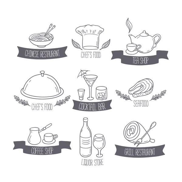 Modèles d'étiquettes d'aliments et boissons dessinés à la main pour menu ou café des — Image vectorielle