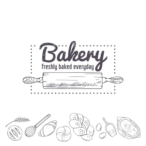 面包店标志模板。手画的擀面杖和烘烤为您的设计。草绘的插图 — 图库矢量图片