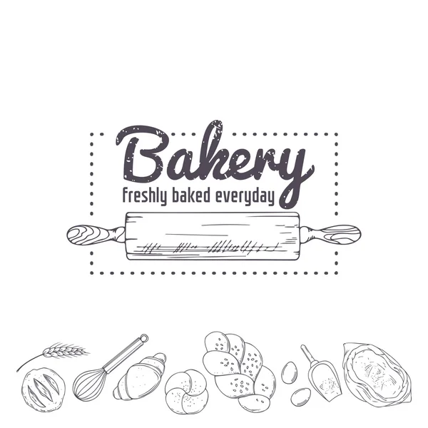 Bakkerij logo sjabloon. Hand getrokken rolling pin en bakken voor uw ontwerp. Getekende illustratie — Stockvector