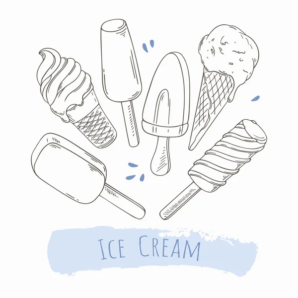 Conjunto de sorvete desenhado à mão diferente. Ilustração do doodle — Vetor de Stock