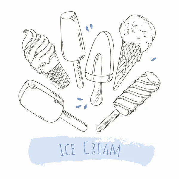 Elle çizilmiş farklı dondurma kümesi. Doodle illüstrasyon