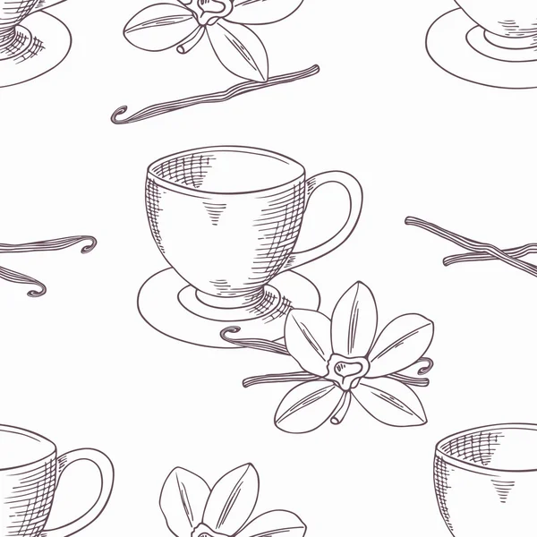 Tasse à café dessinée à la main avec motif sans couture vanille. Aperçu du contexte — Image vectorielle