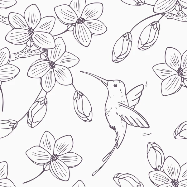 Handgezeichnete monochrome Version eines nahtlosen Musters mit Kolibri und Blumen — Stockvektor