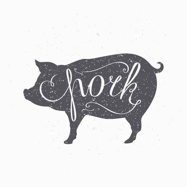 Silhouette de porc de style hipster. Lettrage à la main de viande de porc — Image vectorielle