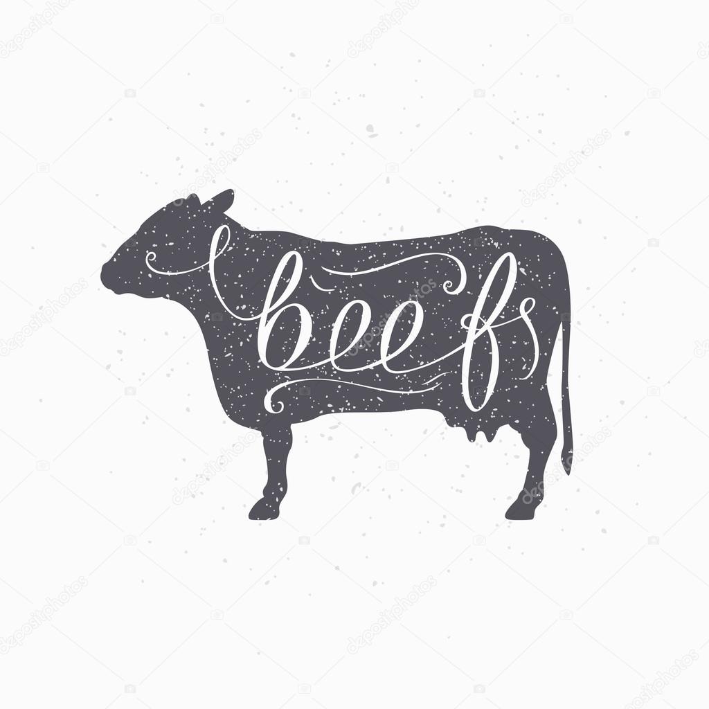 Hipster style cow silhouette. Beef meat hand lettering