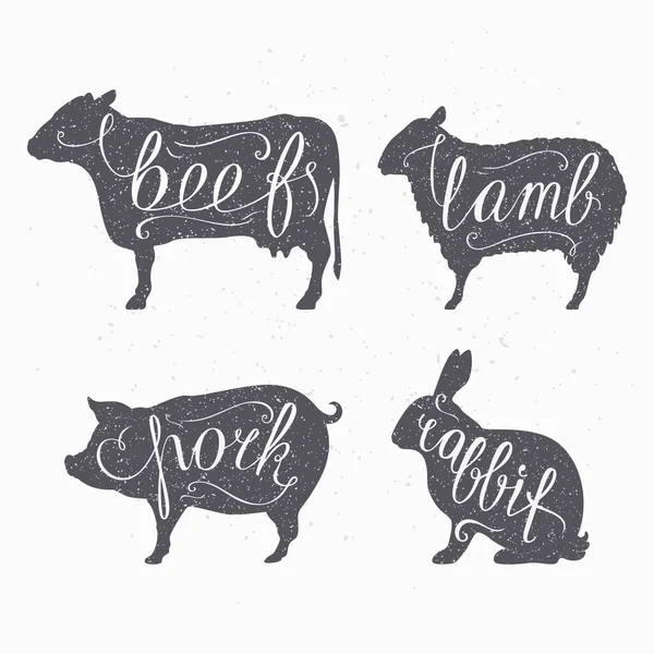 Hipster-Stil Bauernhof-Silhouetten. Handschrift von Rind-, Lamm-, Schweine- und Kaninchenfleisch — Stockvektor