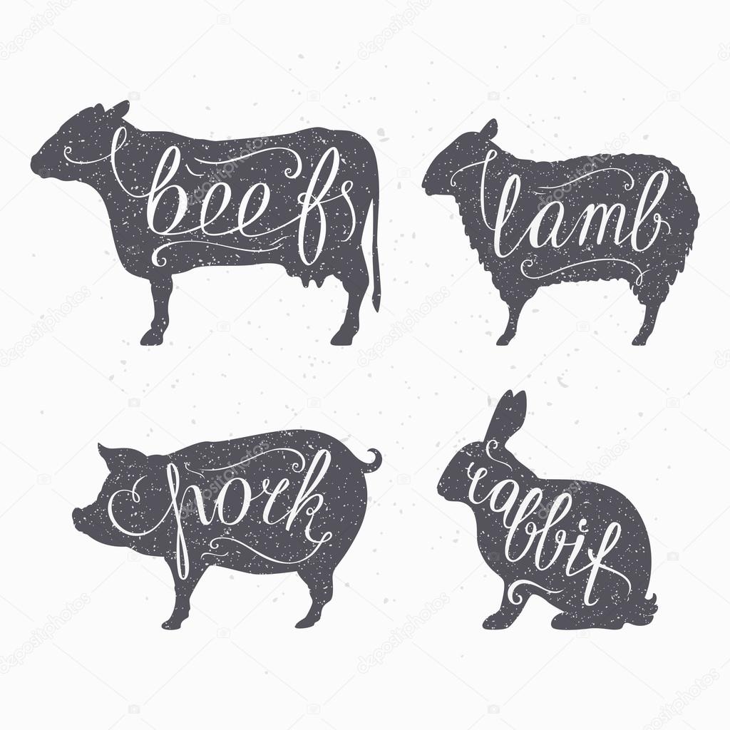 Hipster style farm animals silhouetts. Beef, lamb, pork and rabbit meat hand lettering