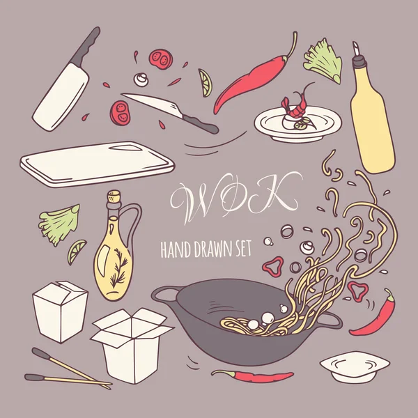 Éléments de restaurant wok dessinés à la main — Image vectorielle