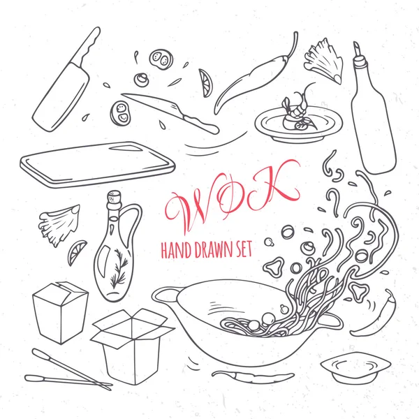 Elementos de restaurante wok dibujado a mano — Archivo Imágenes Vectoriales