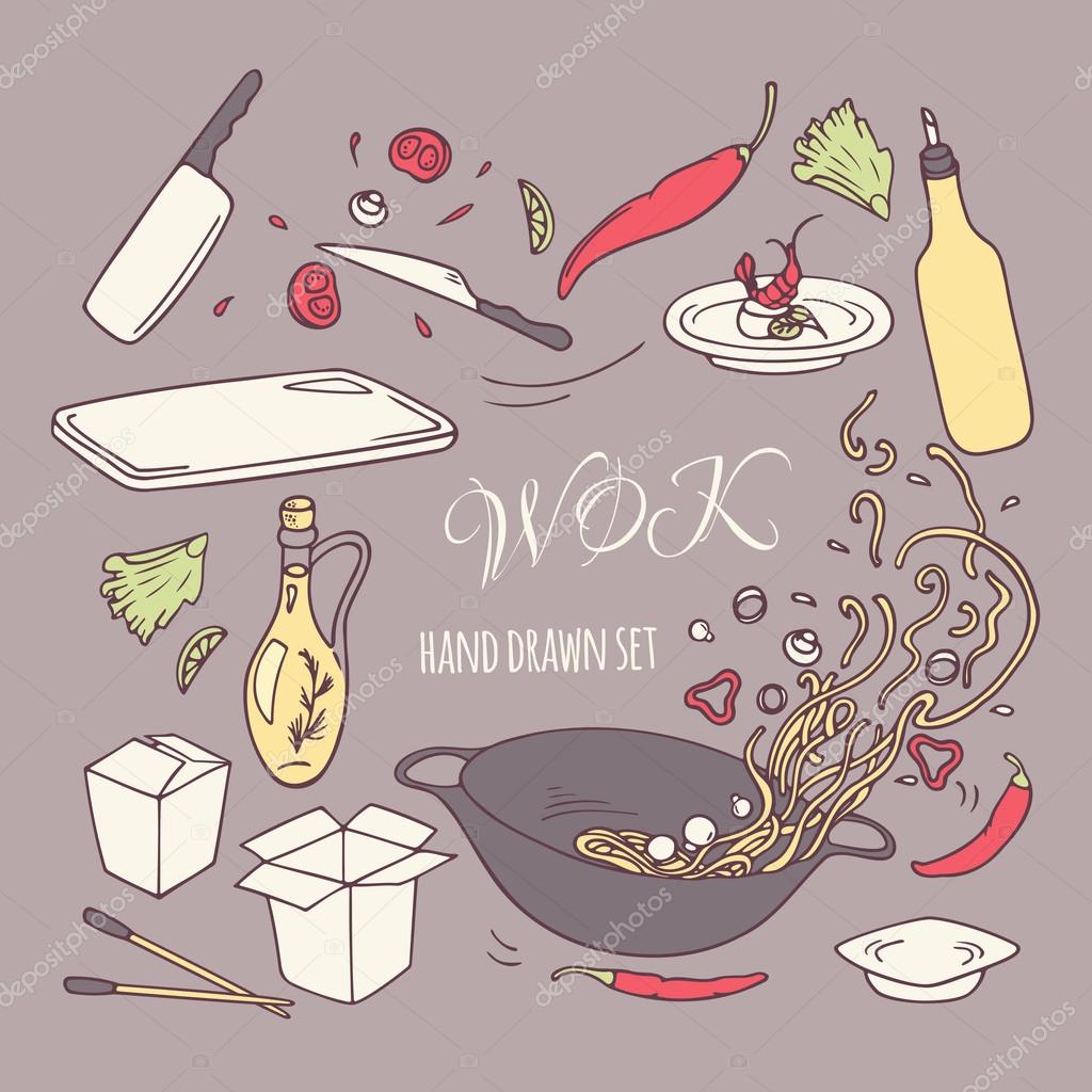 Set of hand drawn wok restaurant elements for your design. Doodle asian food. Vector illustration