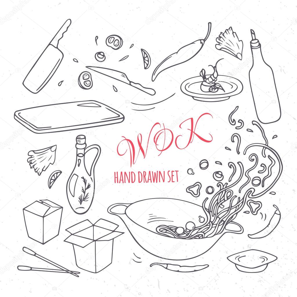 Set of outline hand drawn wok restaurant elements for your design. Doodle asian food. Vector illustration