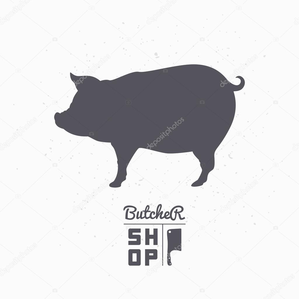 Pig silhouette. Pork meat. Butcher shop logo template for craft food packaging or restaurant design. Vector illustration