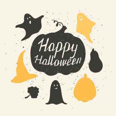 Hand drawn halloween silhouetts collection with pumpkin, witch hat, ghosts and leaf clipart