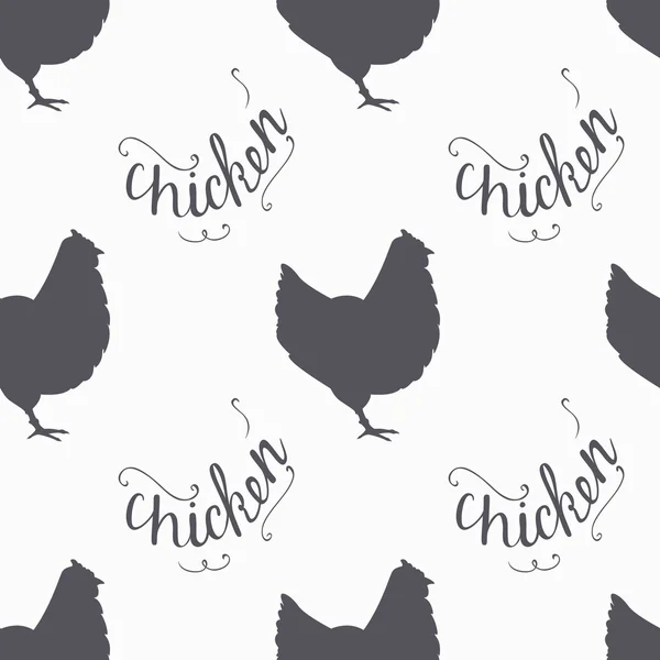 Pájaro de granja dibujado a mano siluetas hipster patrón sin costuras. Carne de pollo letras de mano — Archivo Imágenes Vectoriales