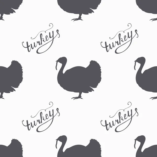 Pájaro de granja dibujado a mano siluetas hipster patrón sin costuras. Carne de pavo letras de mano — Archivo Imágenes Vectoriales
